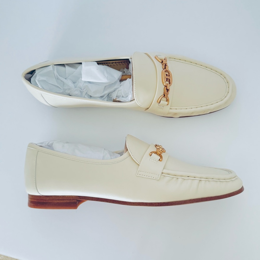 Sam Edelman Lucca Leather Loafers Cream with Gold Buckles Preppy Classic NEW 10 - Picture 5 of 9